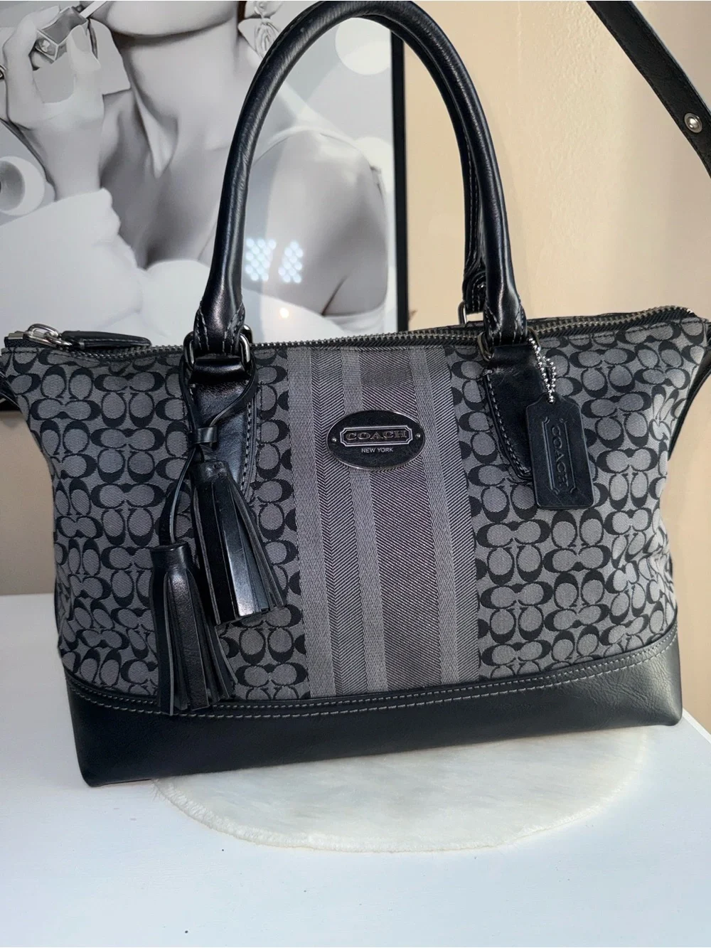 Coach Black & Gray Signature Stripe Satchel Shoulder Bag